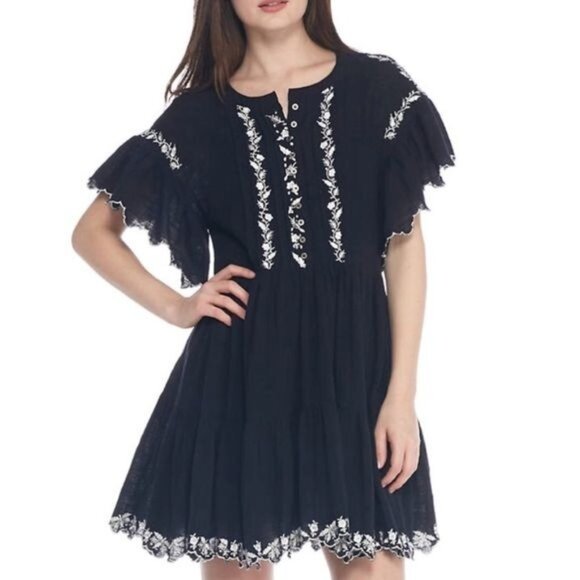 Free People Dresses & Skirts - Free People Black Santiago Embroidered Short Sleeve Boho Mini Dress Size S